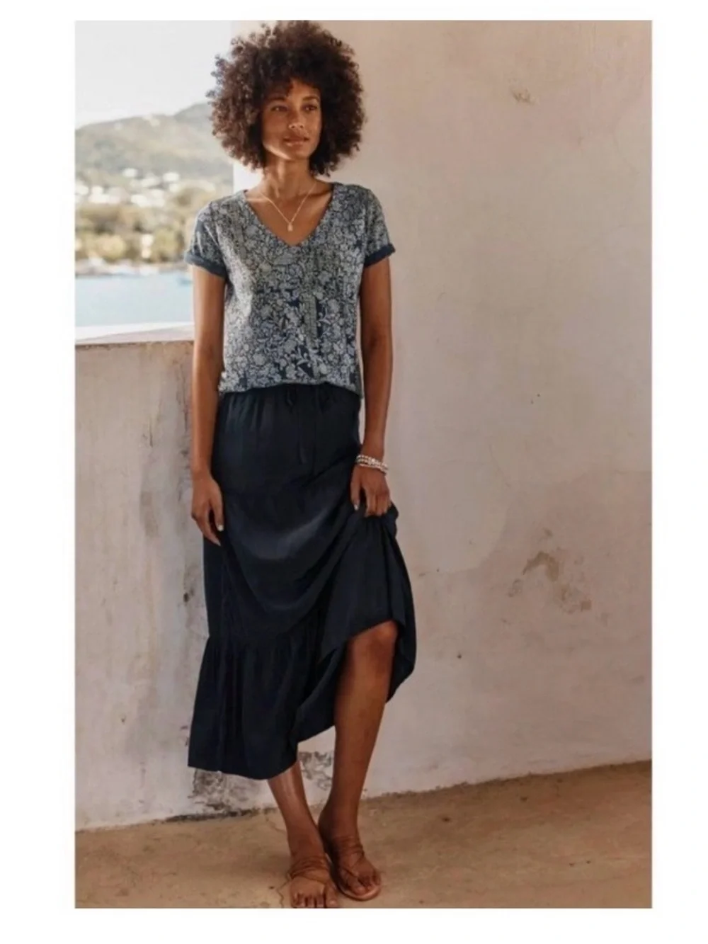 J. Jill Navy Tiered Midi Skirt